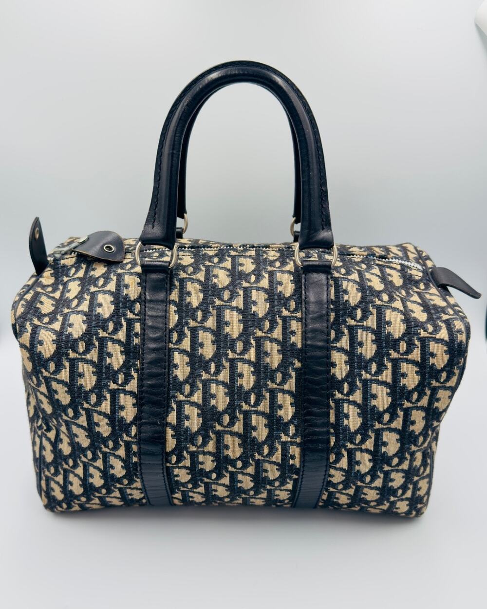 Authentic Christian Dior Navy Trotter Oblique Canvas Vintage Boston Bag Monogram